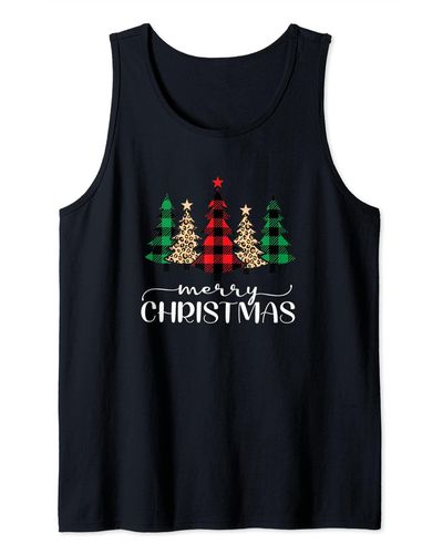 Ash Merry Christmas Holiday Plaid Christmas Tree & Leopard Print Tank Top - Black