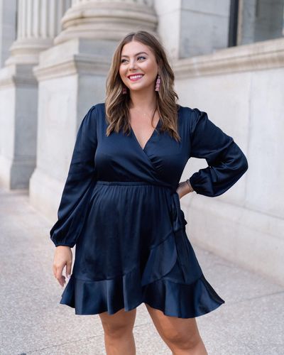 The Drop Sky Captain Faux Wrap Front Long Sleeve Dress By @caralynmirand - Blue