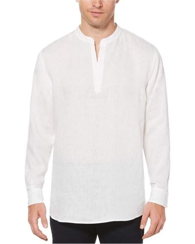 Perry Ellis Long Sleeve 100% Linen Popover Shirt With Banded Collar - White