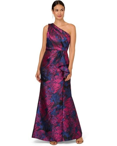 Adrianna Papell One Shoulder Printed Jacquard Cascade Long Gown - Purple