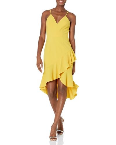 Dress the Population Wendy Sleeveless Plunging Ruffle Hem Midi Sheath Dress - Yellow