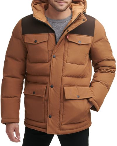 Levi's Water Resistant Arctic Cloth Midlength Quilted Hoody Parka - Brown