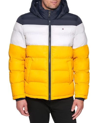 Tommy Hilfiger Mens Hooded Puffer Jacket Down Alternative Coat - Yellow