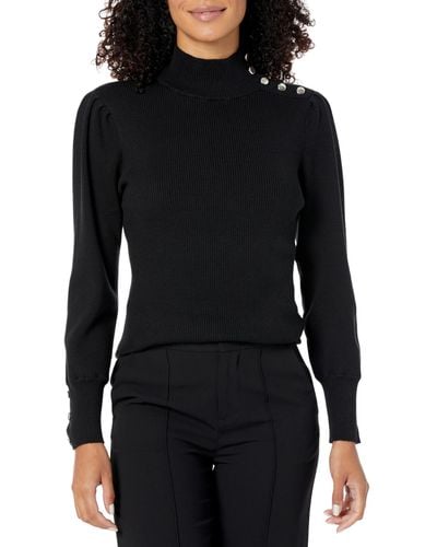 Anne Klein Mock Neck Sweater With Side Buttons - Black