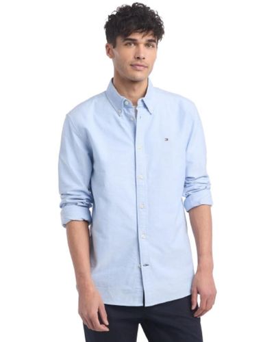 Tommy Hilfiger Mens Long Sleeve Oxford In Custom Fit Button Down Shirt - Blue