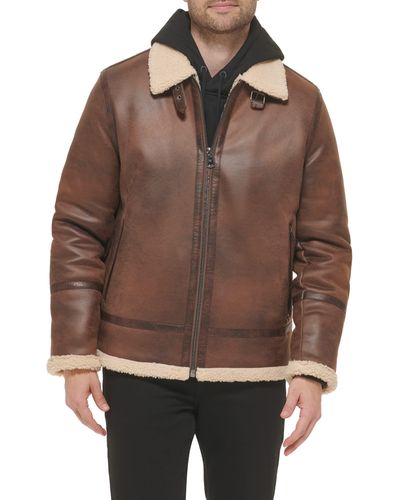 Calvin Klein Faux Leather -bomber Jacket With Shearling Lining - Brown