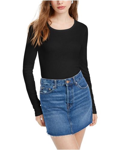 Splendid Womens 1x1 Rib Classic Long Sleeve Crew Neck Tee Fashion T Shirts - Black