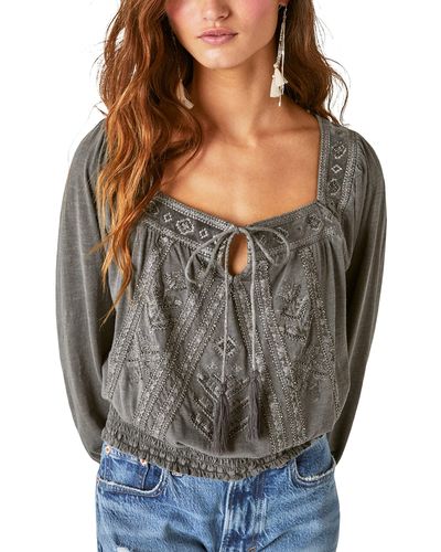 Lucky Brand Beaded Peasant Top - Gray