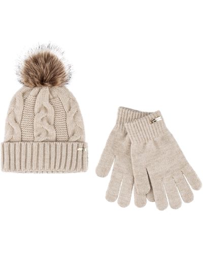 Jessica Simpson Fur Pom Cable Knit Beanie And Glove Set - Natural