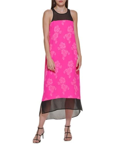 DKNY Highneck Print Chiffon Dress - Pink