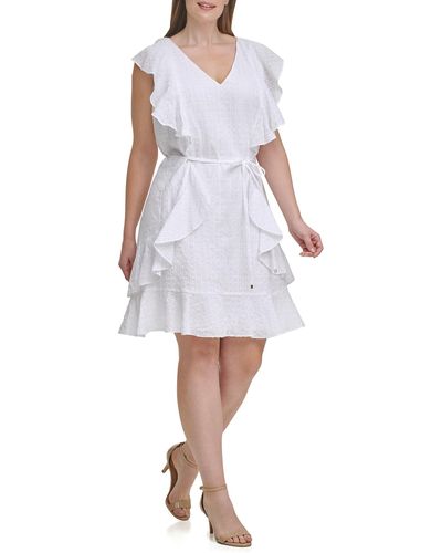 Tommy Hilfiger S White Zippered Cap Sleeve V Neck Above The Knee Fit + Flare Party Dress Us