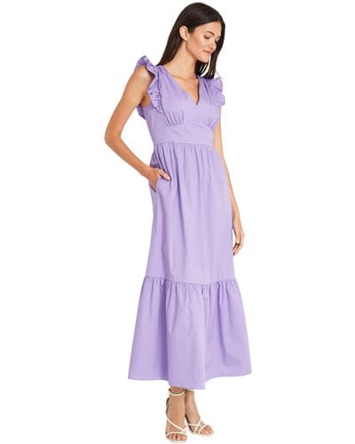 Maggy London V-neck Ruffle Details Cotton Poplin Maxi Dress - Purple