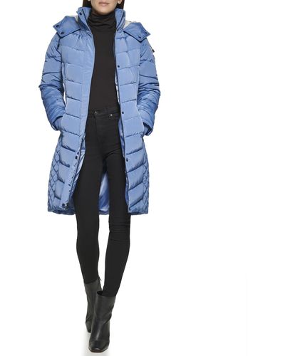Kenneth Cole Quilted Puffer Jacket With Faux Fur Trimmed Hood - Blue