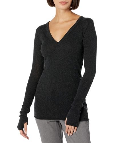 Enza Costa Womens Cashmere Long Sleeve Cuffed V-neck Top With Thumbhole Shirt - Black