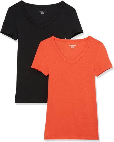 Amazon Essentials Camiseta de Cuello en Pico de ga Corta y Ajuste Entallado Mujer - Naranja
