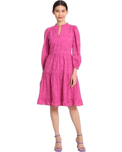 Maggy London Mini Ruffle Mock Neck Eyelet Dress With Tiered Skirt - Pink