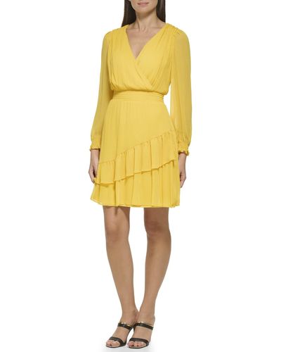 DKNY Ruffle Hem Smocked Dress - Yellow