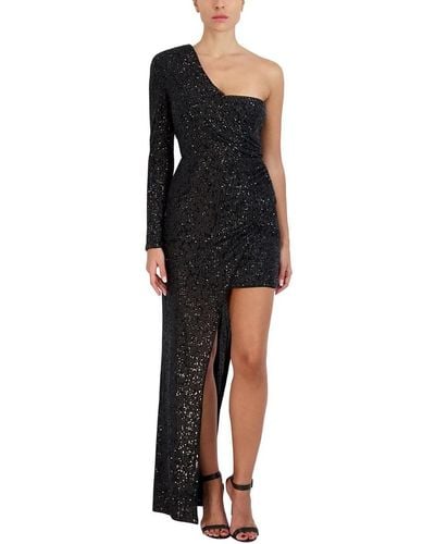 BCBGMAXAZRIA Fitted Floor Length Evening Gown One Long Sleeve Asymmetrical Neck High Low Hem Dress - Black