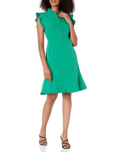 Nanette Lepore Cap Sleeve Shirt Dress With Front Button Placket Closure And Ruffle Detail At The Neck - Green