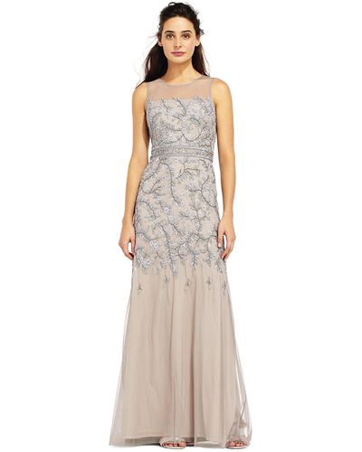 Adrianna Papell Fully Beaded Long Sleevless Gown With Illusion Neckline - Multicolor