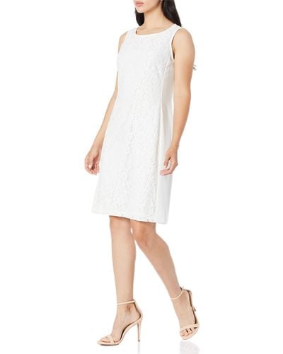 Nine West S/l Lace Dress With Solid Side Crepe Panels - White