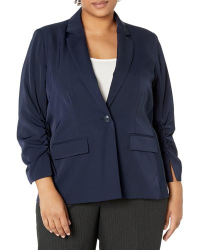 Calvin Klein Plus Size Professional Crepe Ruched Sleeve With Button Blazer - Blue