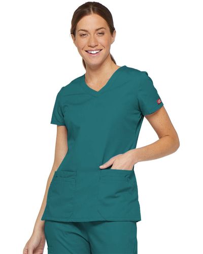 Dickies Womens Signature V-neck Top With Multiple Patch Pockets Medical Scrubs Shirts - Blue