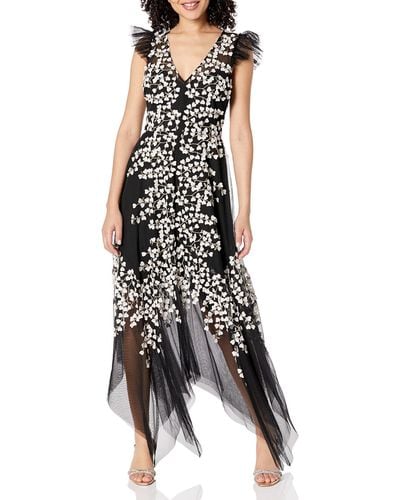 BCBGMAXAZRIA Womens Fit And Flare Evening Gown With Flutter Sleeve Ruffles Dress - Black