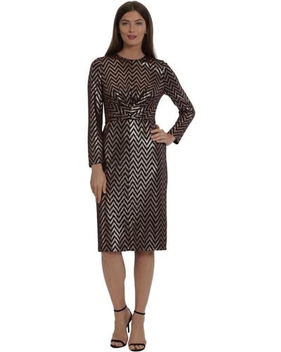 Maggy London Long Sleeve Sparkle Knit Gathered Midi Dress Holiday Occasion Party - Multicolor