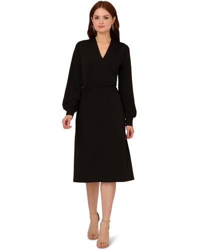 Adrianna Papell Long Sleeve Wrap Midi Dress - Black