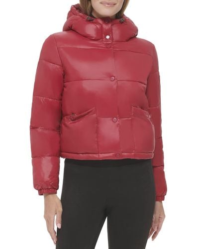 Calvin Klein Lightweight Cropped Hooded Snap Pockets Puffer - Red