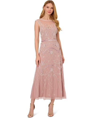 Adrianna Papell Beaded Ankle Length Dress - Pink