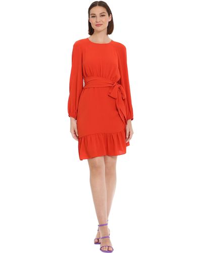 Donna Morgan Long Sleeve Asymmetrical Hem Flounce Dress With Waist Tie Event Party Occasion Guest Of - Red