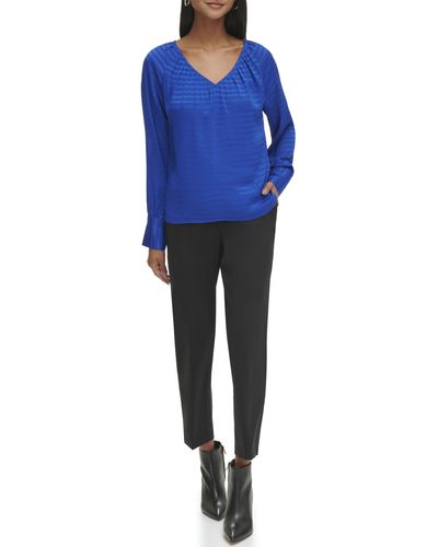 Calvin Klein V Neck Long Sleeve Blouse - Blue