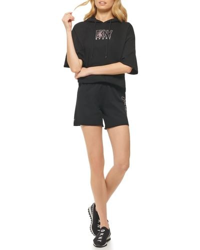 DKNY Hoodie Short Sleeve Rhinestone Logo Top - Black