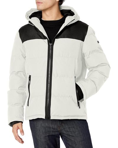 DKNY Shawn Quilted Mixed Media Hooded Puffer Jacket - White