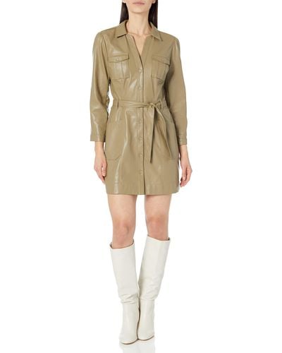 PAIGE Karmine Vegan Leather Button Down Mini Dress In Brushed Olive - Natural