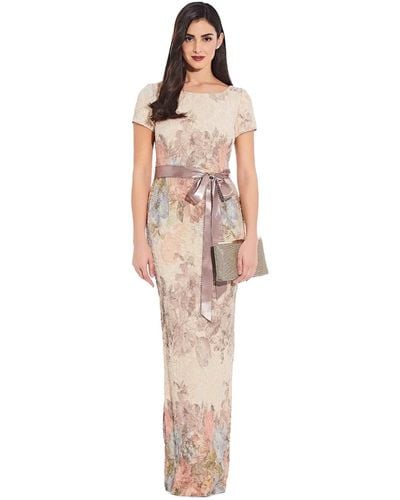 Adrianna Papell Short-sleeve Floral Matteleasse Column Gown - Metallic