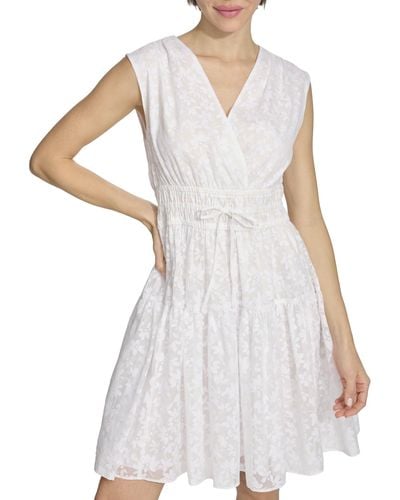 Tommy Hilfiger V-neckline Petal Burnout Fabric Dress - White