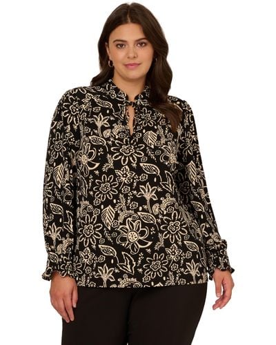 Adrianna Papell Plus Size Ruffle Tieneck Long Sleeve Top - Black