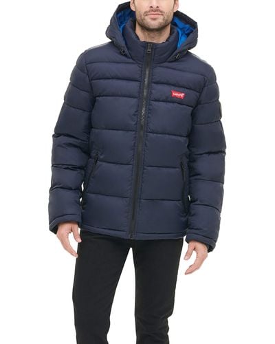 Levi's Mens Mid-length Quilted Performance Hoody Puffer Jacket Down Alternative Coat - Blue