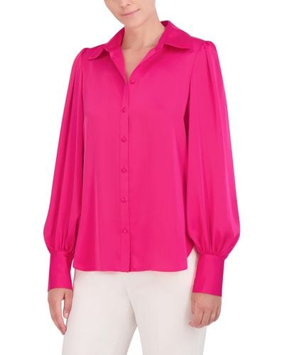 BCBGMAXAZRIA Long Ballon Sleeve Collar Neck Satin Shirt - Pink