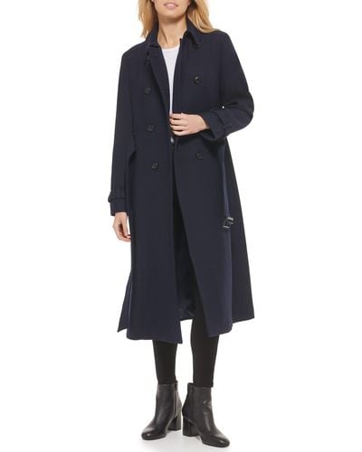 Cole Haan Flared Trench Slick Wool Coat - Blue