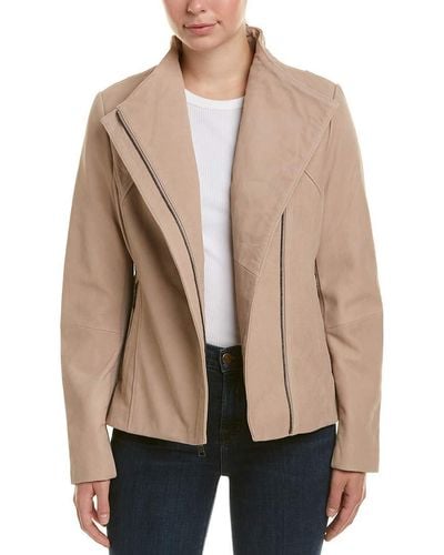Tahari Kelly Asymmetrical Fitted Peplum Leather Jacket - Natural