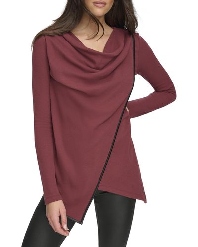 Andrew Marc Long Sleeve Asymmetrical Thermal Tunic With Faux Leather Trim - Red