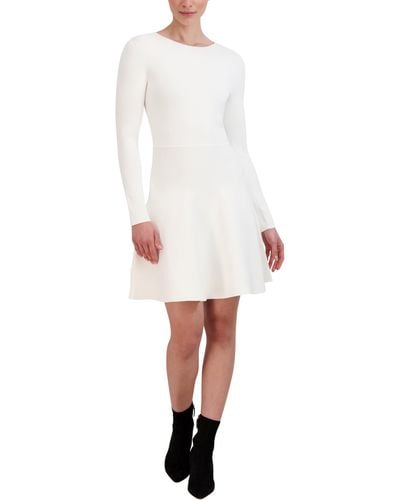 BCBGMAXAZRIA Long Sleeve Boat Neck Fit And Flare Sweater Knit Mini Dress - White