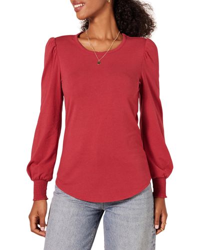 Amazon Essentials Long-sleeve Crewneck Smocked Cuff T-shirt - Red