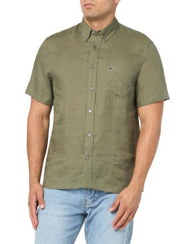 Lacoste Short Sleeve Regular Fit Linen Casual Button Down Shirt W/front Pocket - Green