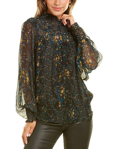 Ramy Brook Floral Printed Janie Long Sleeve High Neck Top - Green