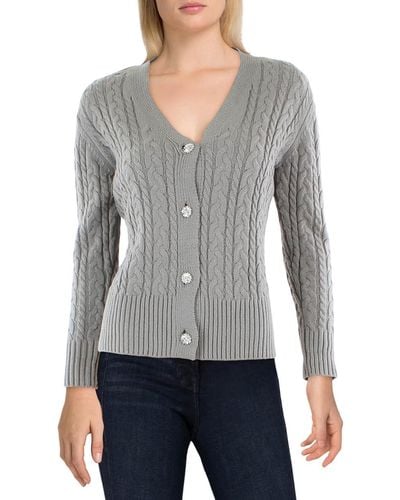 Anne Klein Cable Cardigan W Jewel Buttons - Gray